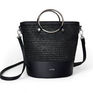 BCBG Andie Black Straw Faux Leather Bucket Bag Handbag Purse